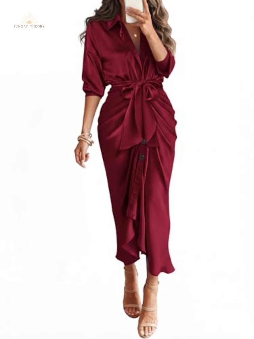 Satin Button Down Maxi Shirt Dress Long Sleeve Tie Waist Ruched Ruffle Hem